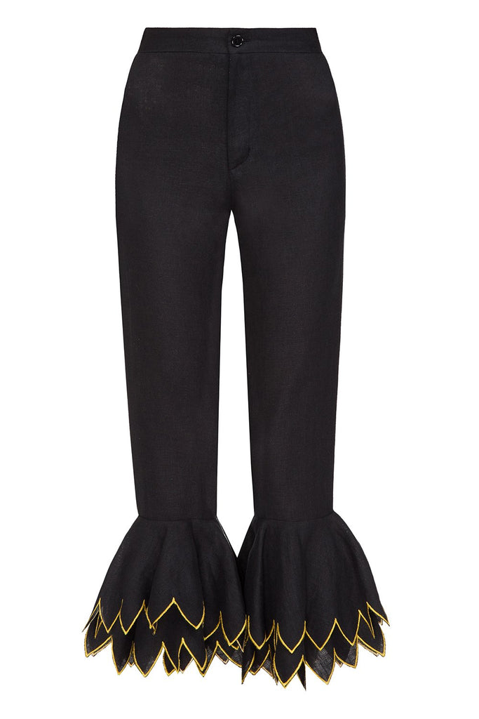Black linen cropped wide-leg pants with embroidered hem