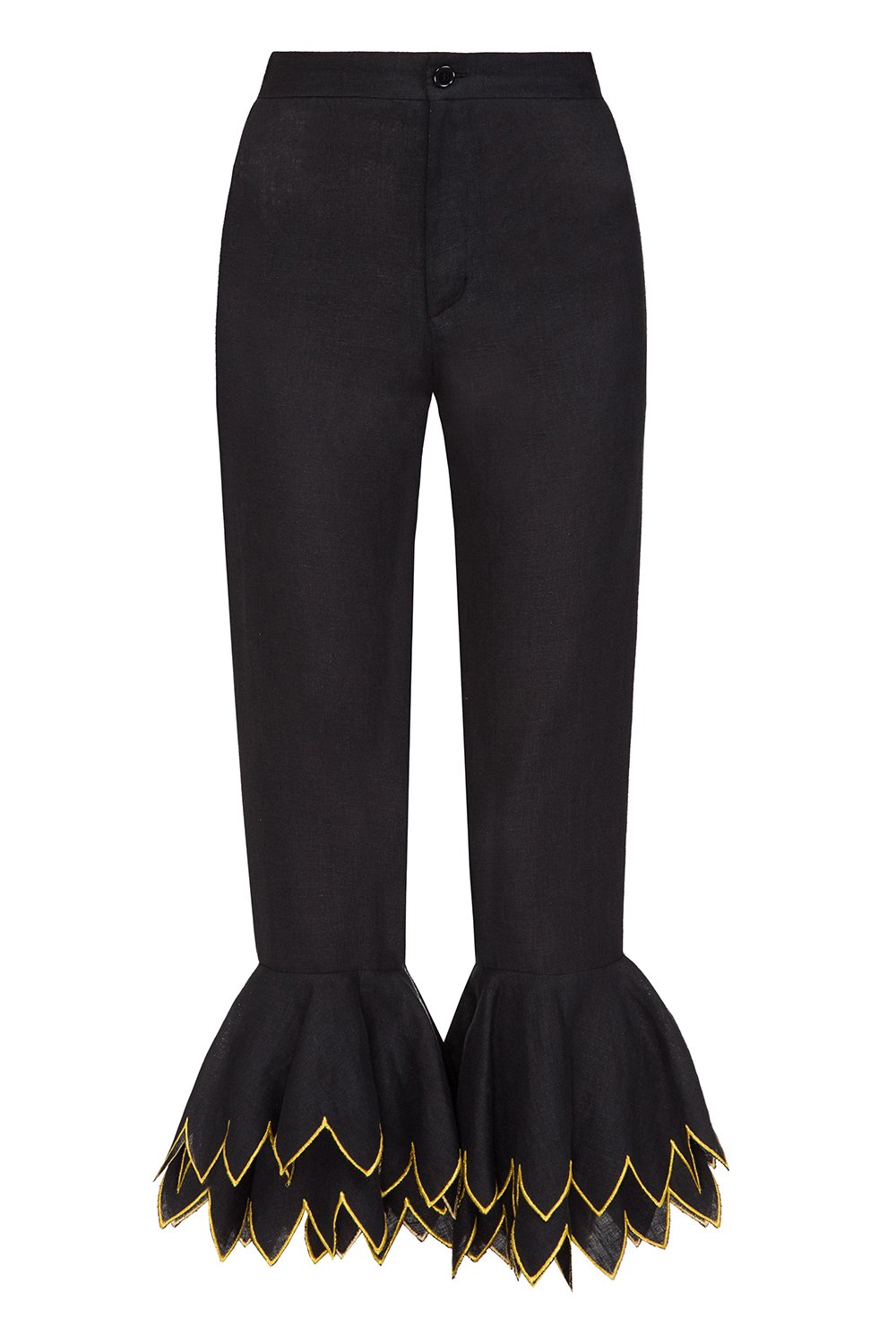 Black linen cropped wide-leg pants with embroidered hem