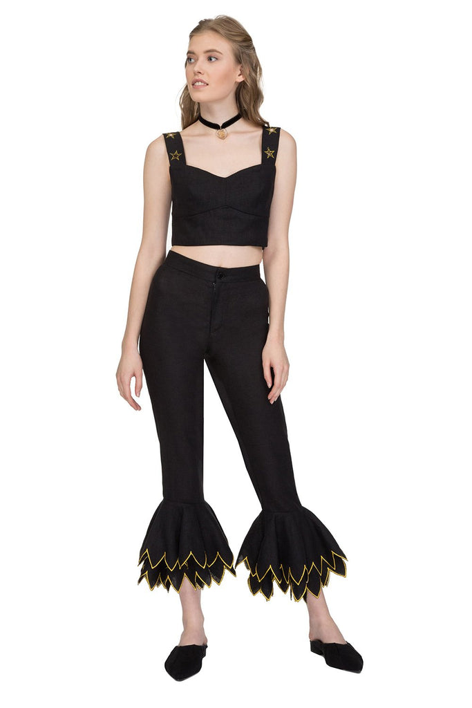 Black linen cropped wide-leg pants with embroidered hem