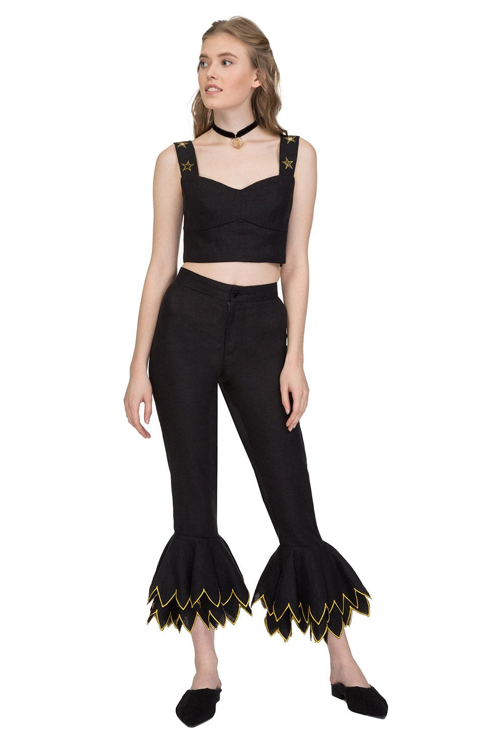 Black linen cropped wide-leg pants with embroidered hem