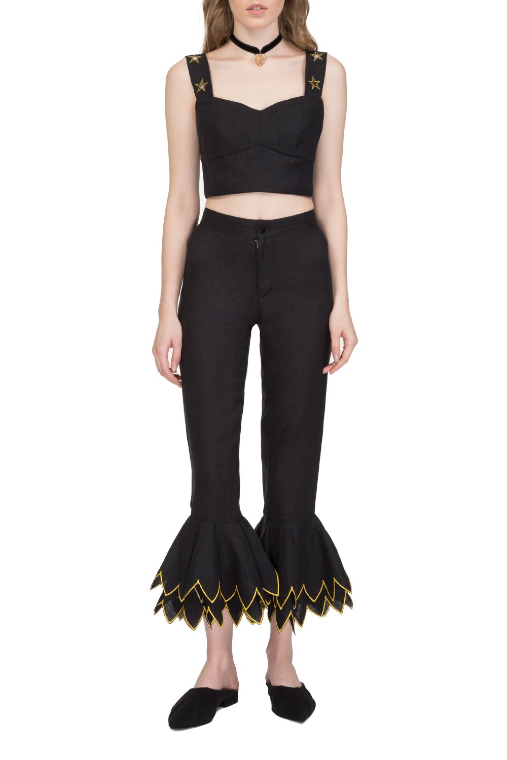 Black linen cropped wide-leg pants with embroidered hem