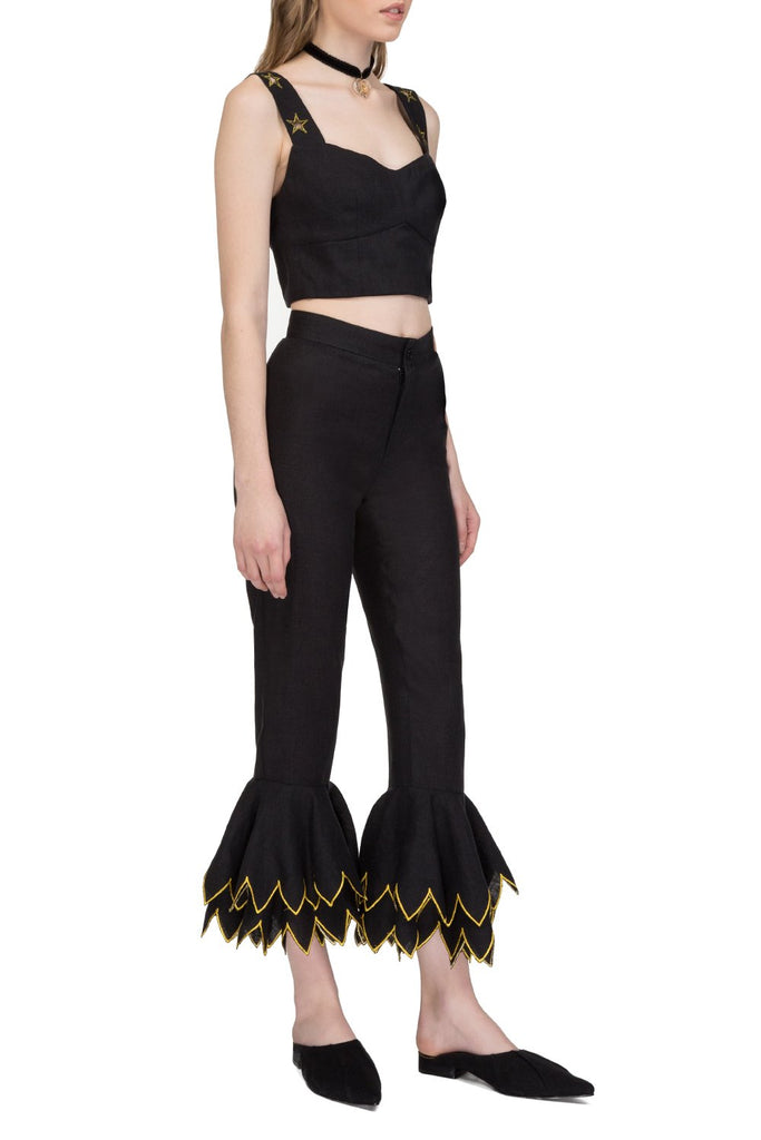 Black linen cropped wide-leg pants with embroidered hem