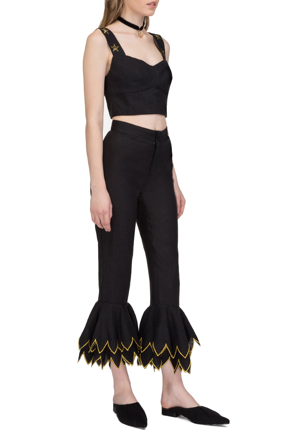 Black linen cropped wide-leg pants with embroidered hem