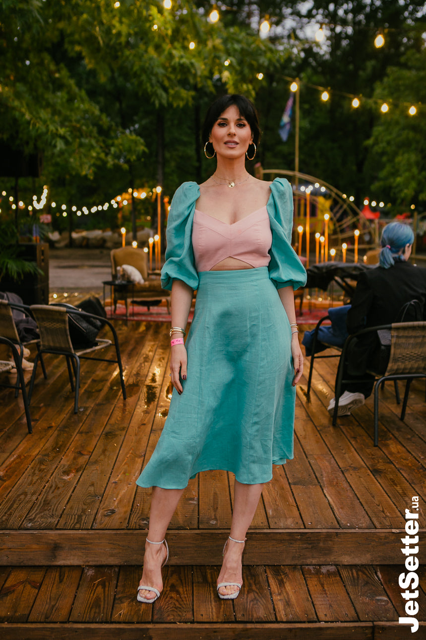 Masha Efrosinina wearing LEE PFAYFER Mint Candy dress