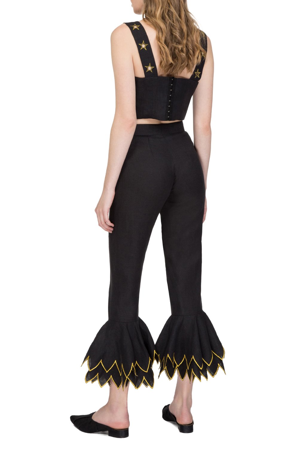 Black linen cropped wide-leg pants with embroidered hem