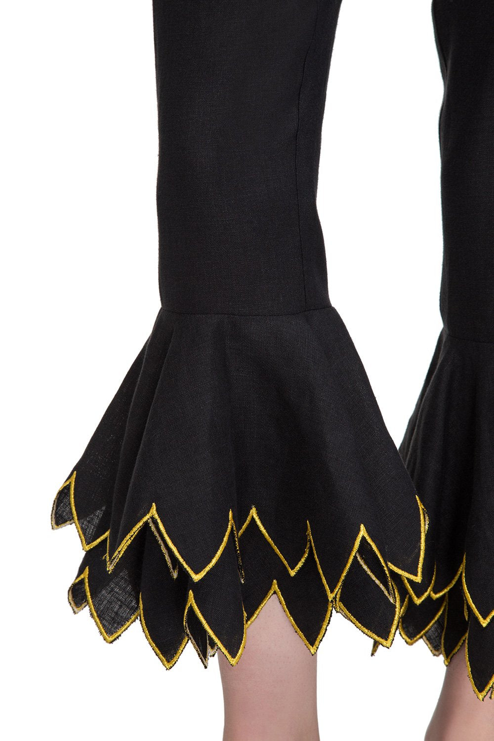 Black linen cropped wide-leg pants with embroidered hem
